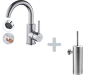 Auralum max grifo lavabo baño boco alto chromé brillante rotativo 360°+porta cepillo inodoro acero inoxidable cepillo wc pared