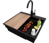 Primagran fregadero granito todo negro 58x53cm, fregadero cocina 1 seno + sifón + accesorios, fregadero sobre encimera al mueble 60cm - oslo max