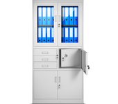 Armario metálico de oficina con caja fuerte, compartimento secreto, puertas batientes y cajones 185 x 90 x 40 cm gris