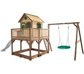 Axi casa de juegos liam con arenero, columpio nido y tobogán blanco | casa zancudo xxl en marrón y verde de madera fsc para niños | torre de juegos