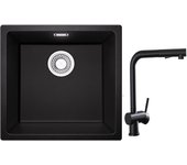 Cecipa max fregadero 1 seno en cuarzo y resina negro gris 45*44*20cm + grifo de cocina con ducha extraíble, mezclador de fregadero negro