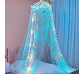 Colcha, cortina, mosquitera, luz led, decoración con estrellas y mariposas, habitación infantil, azul