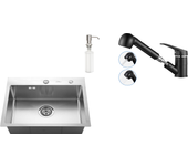 Fregadero cocina 1 bandeja 55*45cm fregadero encastré/à poser con dispensador de jabón+grifo cocina negro con ducha extraible 2 jets a 360°
