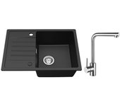 Fregadero encastrable de 1 seno con escurridor negro, cuarzo y resina, 65x45 cm + mezclador giratorio 360° cepillado