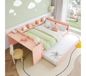 Cama doble infantil 140x200 cm - con escritorio - con cama nido - con somier de láminas - madera maciza - rosa (sin colchón)