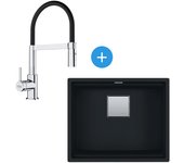 Franke kubus fregadero bajo encimera 56x46cm fragranit, negro mate, grifo mezclador de cocina 205x410mm + ducha extraíble, cromo/negro