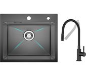 Fregadero de acero inoxidable fregadero de 1 seno 50×45 cm fregadero nanómetro negro + mezclador de cocina flexible, 2 tipos de chorros grifo extraíbl