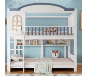 Litera infantil 90x200cm, con protección anticaída y barandillas, con techo y ventanas, cerco de madera maciza, blanco + azul