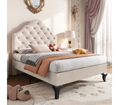 Cama tapizada con cabecera ajustable - 90 x 200 cm - tela de terciopelo - somier de láminas - beige