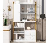 Librería de 6 estantes con una puerta y 2 cajones - 100 x 30 x 173,5 - tablero de partículas y metal - dorado + blanco