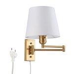 Aplique de pared moderno con brazo articulado dorado, pantalla de tela, con interruptor y cable enchufe, casquillo e27, brazo extensible