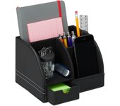 Relaxdays organizador de escritorio, con cajón, cuatro compartimentos, lapicero, 13x19x15 cm, 1 ud., negro