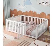 Cama infantil 140x200, estructura de madera con valla y puerta, color blanco