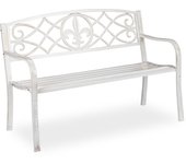 Relaxdays banco jardín, banco parque metal, asiento respaldo de hierro fundido, exterior, 86x127x57 cm, blanco y bronce