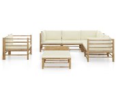 Set de muebles de jardín 8 piezas bambú y cojines blanco crema