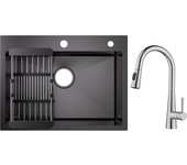 Cecipa max fregadero de cocina de inox 60×45 cm, fregadero de 1 sena con escurridor + grifo monomando con ducha extraíble, 3 modos de salida de agua
