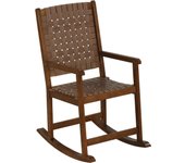 Costway silla mecedora de jardín, silla mecedora de ratán con asiento de pu y marco de madera, mecedora para terraza ergonómica con reposabrazos para