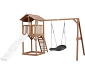 Axi beach tower torre de juegos de madera en marron | casa de juegos para niños con tobogán blanco, columpio nido y arenero | casa zancudo para el