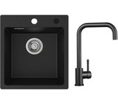 Fregadero de cocina de cuarzo y resina negro de 40 x 45 cm, fregadero de un seno + grifo mezclador de cocina de inox negro con caño alto curvo