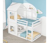 Litera 90*200 cm, cama infantil, cama casita para niñas y niños, con escalera y dosel, del suelo al techo, madera maciza, blanco