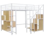 Cama mezzanine multifuncional 140 x 200 cm, cama de metal con espacio de almacenamiento, estantes y escalera, negro/blanco
