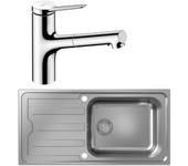 Fregadero de 1 seno hansgrohe s44 de acero inoxidable + grifería de cocina con ducha cromada hansgrohe zesis m33 150 de 2 chorros