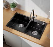 Auralummax fregadero empotrado/de colocación 2 condistributor de jabón y conjunto de drenaje, fregadero 75x45x19cm acero inoxidable para cocina,negro