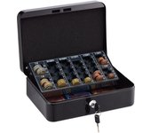 Relaxdays caja de dinero con bandeja contadora, cerradura con llaves, hierro, 9x25x18 cm, para efectivo, negro