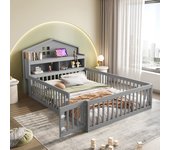 Cama infantil 140 x 200 con rejilla protectora y puerta - madera maciza - estantes y almacenaje - gris