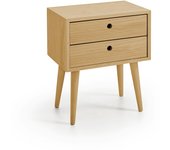Mesita de noche elegante, con dos cajones y patas de madera, color encerado. medidas: ancho: 45 cm x alto: 55 cm x fondo: 30 cm