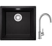 Fregadero de 1 seno de cuarzo y resina, 3 opciones de montaje, 45*44*20 cm + grifo de cocina mezclador de acero inoxidable cepillado
