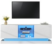 Mueble de tv lacado en blanco - 1,6 m, estantes de cristal regulables, espacio para tv de 70 pulgadas