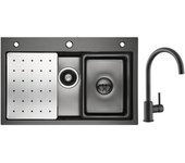 Fregadero de cocina 1 seno 70×45cm + escurridor + lavabo + dispensador de jabón + mezclador de cocina de acero inoxidable negro