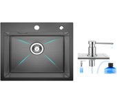Fregadero de cocina 1 seno 50×45×18.5cm fregadero de acero inoxidable fregadero bajo encimera negro + dispensador de jabón de cocina cromado 300ml