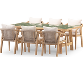 Set de mesa de madera y cerámica verde y 6 sillas - bisbal & siena