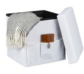 Relaxdays baúl puff taburete con tapa, lino, blanco, 38 x 38 x 38 cm