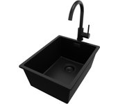 Primagran fregadero granito todo negro 36x47cm, fregadero cocina 1 seno + sifón + accesorios, fregadero sobre encimera al mueble 40cm - london slim