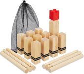 Relaxdays kubb, juego de madera escandinavo, 21 piezas, niños y adultos, ajedrez vikingo con bolsa, exterior, natural