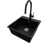 Primagran fregadero granito negro 48x50cm, fregadero cocina 1 seno + grifo 40x22cm + sifón, fregadero sobre encimera al mueble 50cm - riga