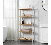 Estantería de bambú de 5 niveles, versátil para baño, salón, uso como librería, zapatero, 130x60x26 cm, blanco y natural