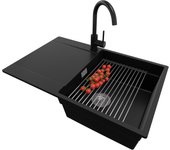 Primagran fregadero granito negro 78x50cm, fregadero cocina 1 seno + sifón + accesorios, fregadero sobre encimera al mueble 50cm - san francisco