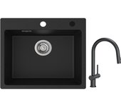 Cecipa max fregadero de cuarzo negro 50x45cm 1 fregadero de cuarzo fregadero de granito + mezclador con ducha extraíble con 2 tipos de chorro negro