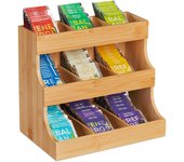 Relaxdays organizador bolsitas té 9 compartimentos, bambú, 24x27x17,5cm, cápsulas café, estante vertical, natural