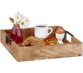 Relaxdays bandeja rectangular de madera de mango, con asas, servir, desayuno, decorativa, cocina, 7,5x35x35cm, natural