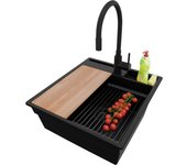 Primagran fregadero granito todo negro 48x53cm, fregadero cocina 1 seno + sifón + accesorios, fregadero sobre encimera al mueble 50cm - oslo pocket