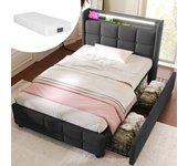 Cama infantil tapizada 90 x 200 cm con 2 cajones - usb + led - tela de lino - gris + colchón