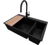 Primagran fregadero granito todo negro 78x50cm, fregadero cocina 2 senos + sifón + accesorios, fregadero sobre encimera al mueble 80cm - oslo duo