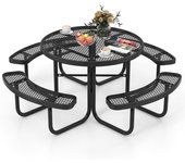 Costway conjunto mesa y banco de picnic de 8 personas, mesa redonda de metal revestido, 4 bancos y orificio para sombrilla, mueble jardín terraza exte
