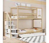 Litera infantil 90*200 cm, forma de casa con ventana, con cajones de almacenaje y escalera de seguridad, color madera original