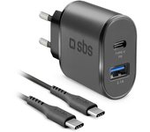 Kit cargador pared sbs 1 x usb 2.1 1 x usb tipo c 12 - 24v carga rapida + cable usb tipo c 1.5m